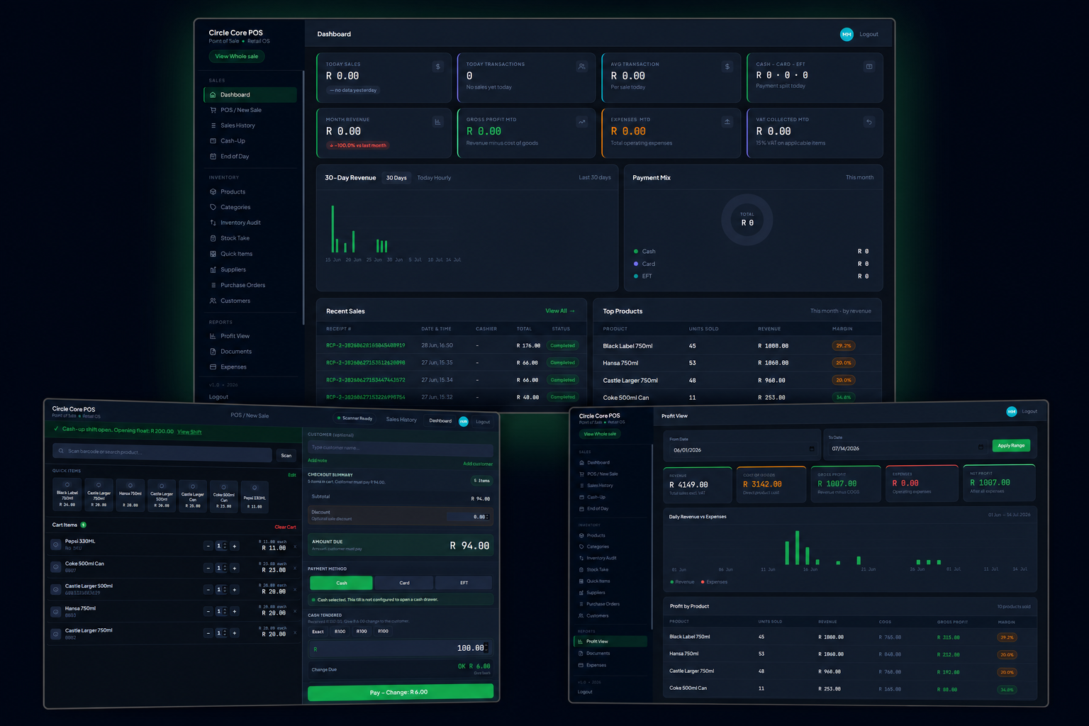 Circle Core POS dashboard, checkout and profit reporting screens